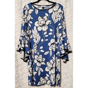 Prelude Dress Womens L Floral Blue White Stretch Modest‎ Careerwear Romantic
